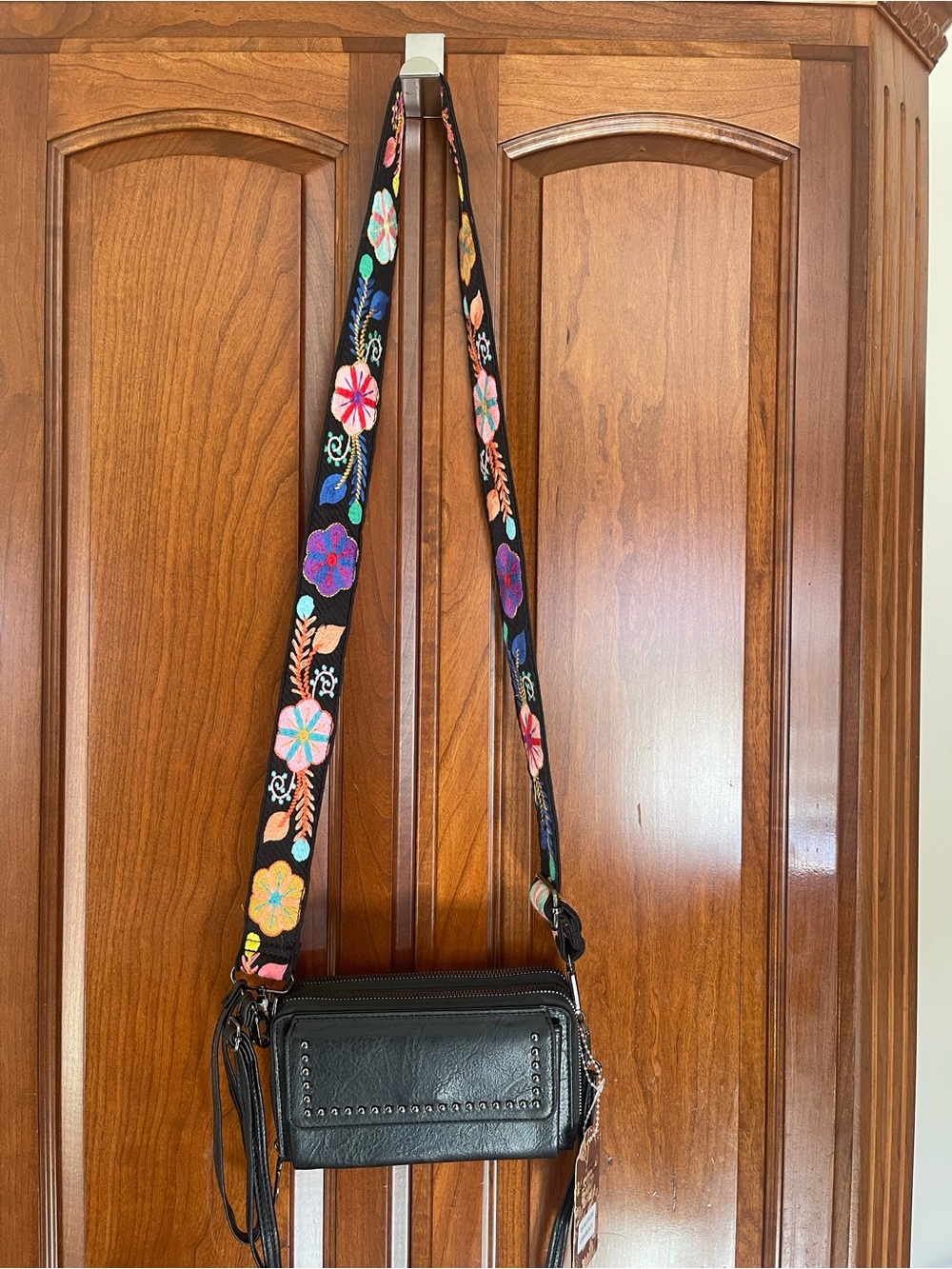 Black Crossbody Bag with Embroidered Floral Strap